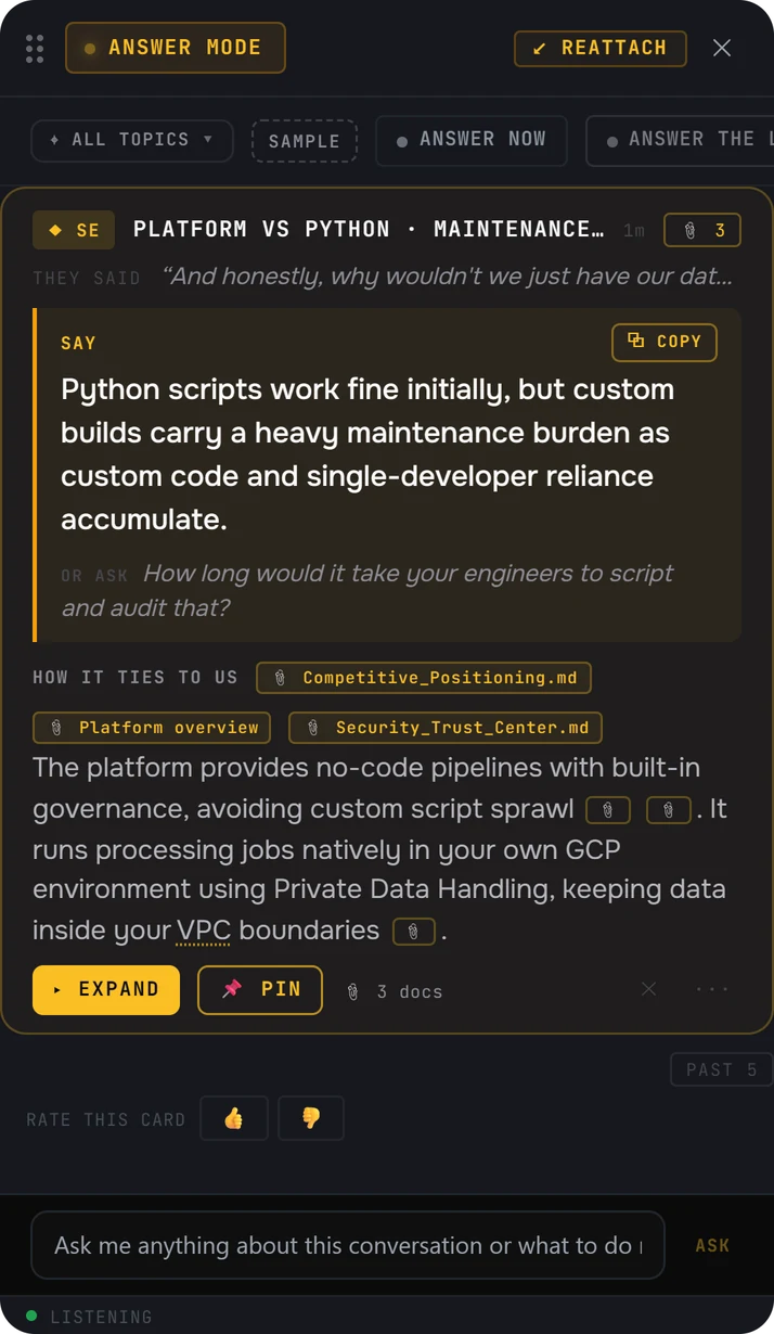 Veracity's answer mode: a line to say about platform vs Python, a question to ask back, and the documents it came from