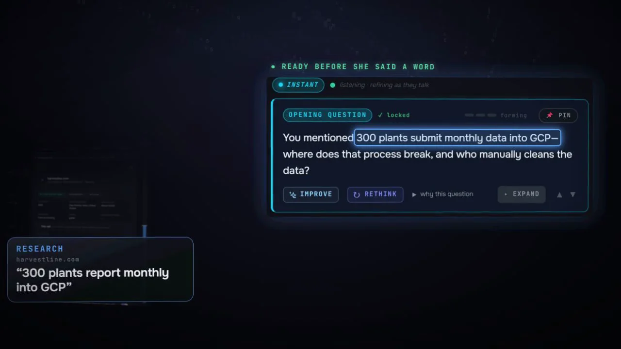 From the launch film: a research card from harvestline.com feeds an opening question that is ready before the buyer says a word