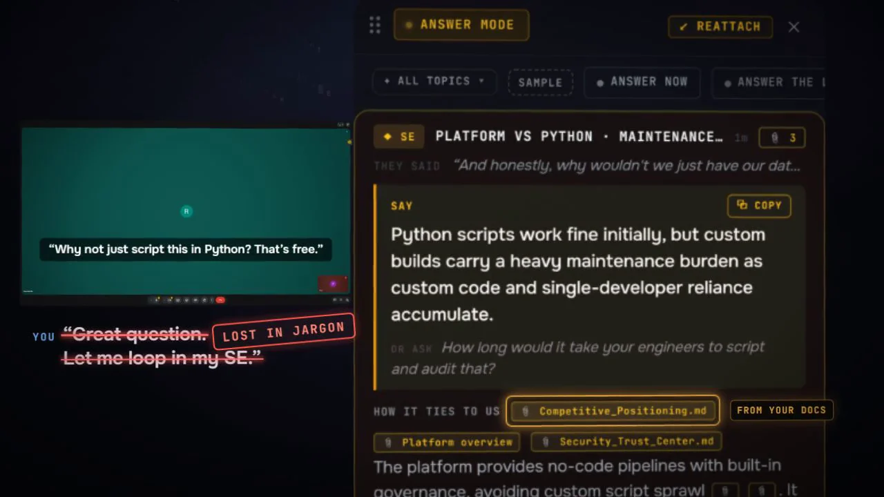 From the launch film: the prospect asks why not script it in Python, and Veracity's answer appears with the doc it came from