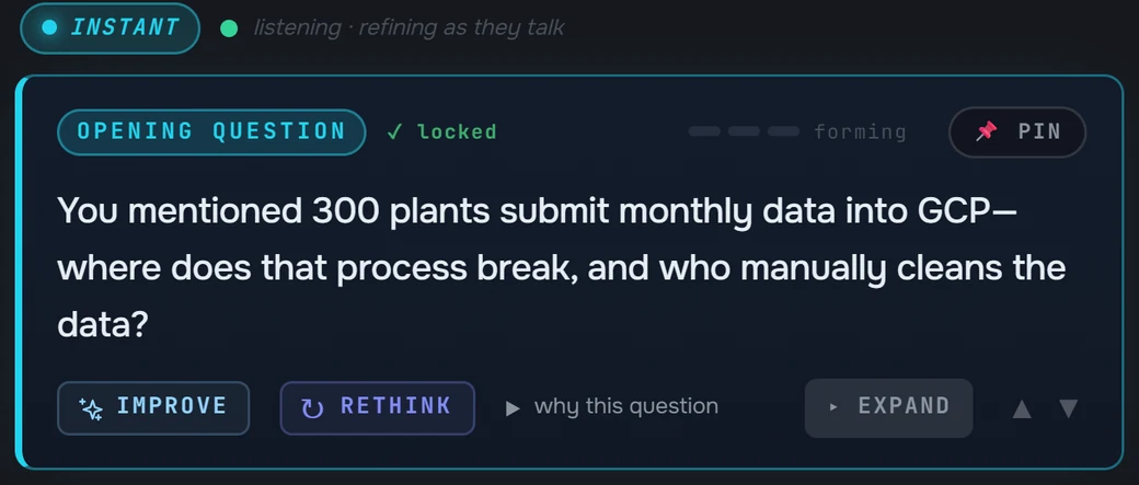 A Veracity opening question card: You mentioned 300 plants submit monthly data into GCP, where does that process break, and who manually cleans the data?