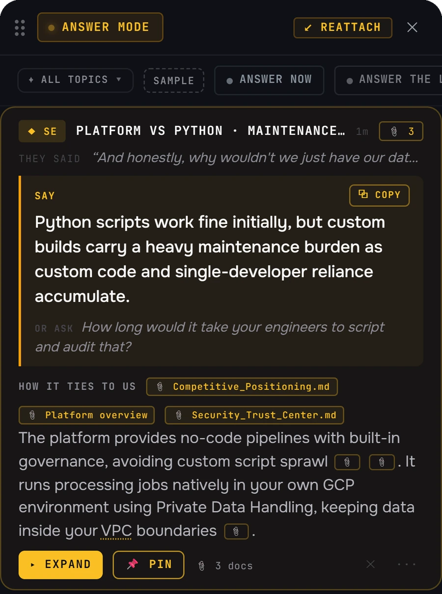 Veracity's answer mode: a line to say about Python scripts and maintenance, a question to ask back, and the three documents it came from